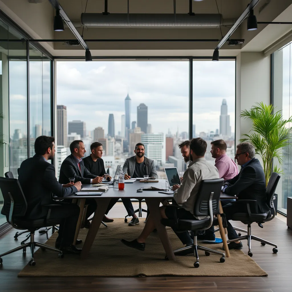 Equipo discutiendo estrategias de inversión en una oficina moderna en Buenos Aires